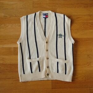 Tommy Hilfiger Mens Vest Cream Navy Stripe V-Neck Button Front Logo L Preppy 90s